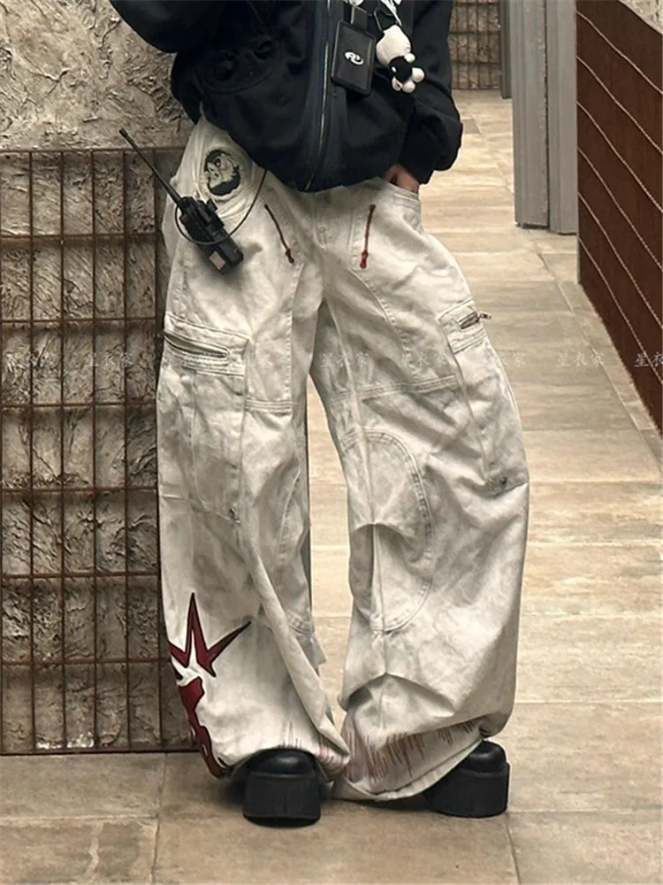 Women Jeans Parachute Cargo Pants Men Hip Hop Wide Leg Trousers Male Denim Pants Streetwear Loose Oversize Korean Hip Hop