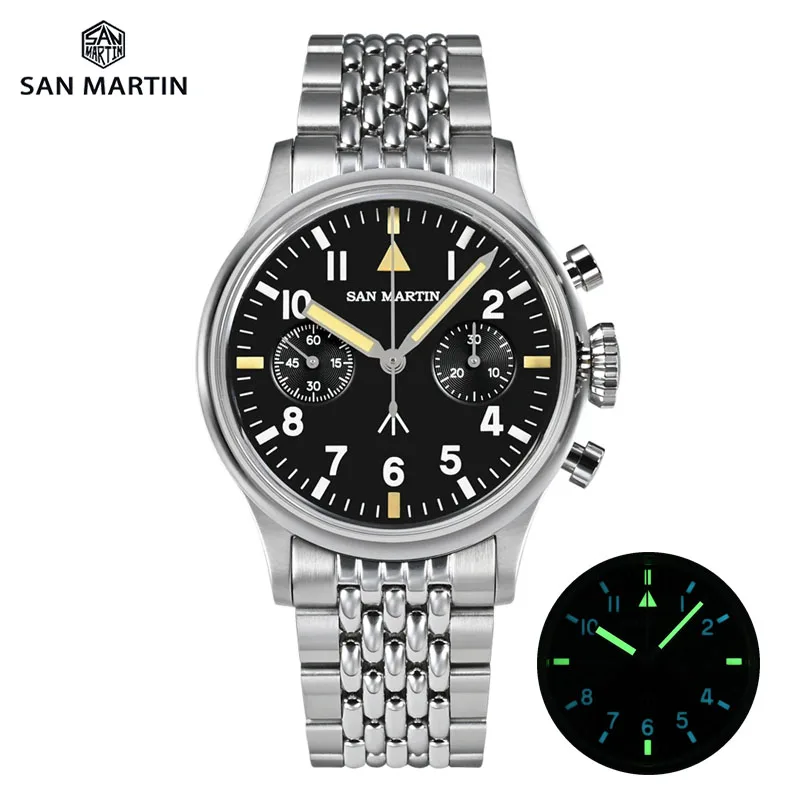 San Martin 38.5mm Mens Watch Chronograph Pilot Luxury ST1901 Manual Mechanical Simple Military Flieger Sapphire 100M Luminous