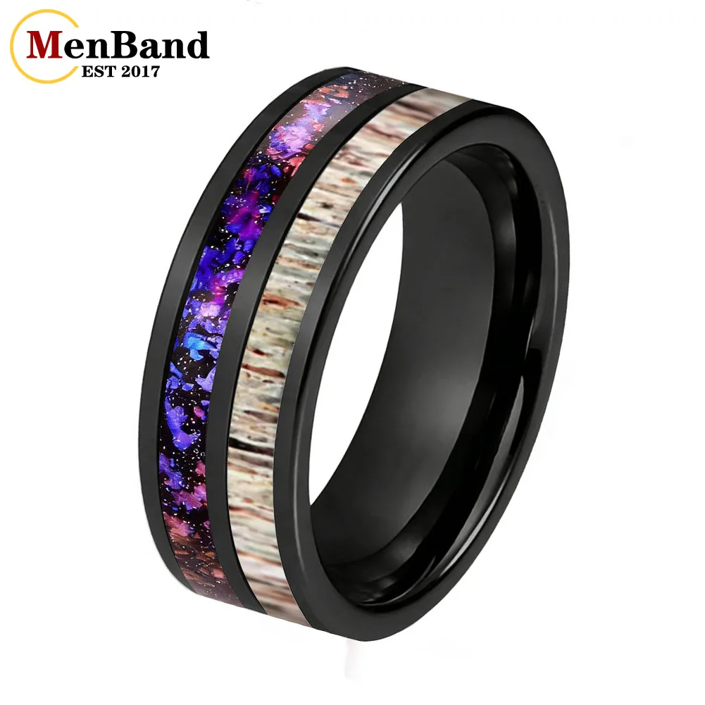 menband-8mm-タングステンカーバイドリング-結婚指輪-オリオン星雲と鹿の角の象嵌が施されたファッションジュエリー、カップルリング、プロミスリング