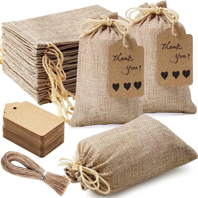 30Pcs Wedding Small Jute Bags with Paper Tags Christmas New Year Party Gift Thank You Drawstring Pouches Jewelry Package Sacks