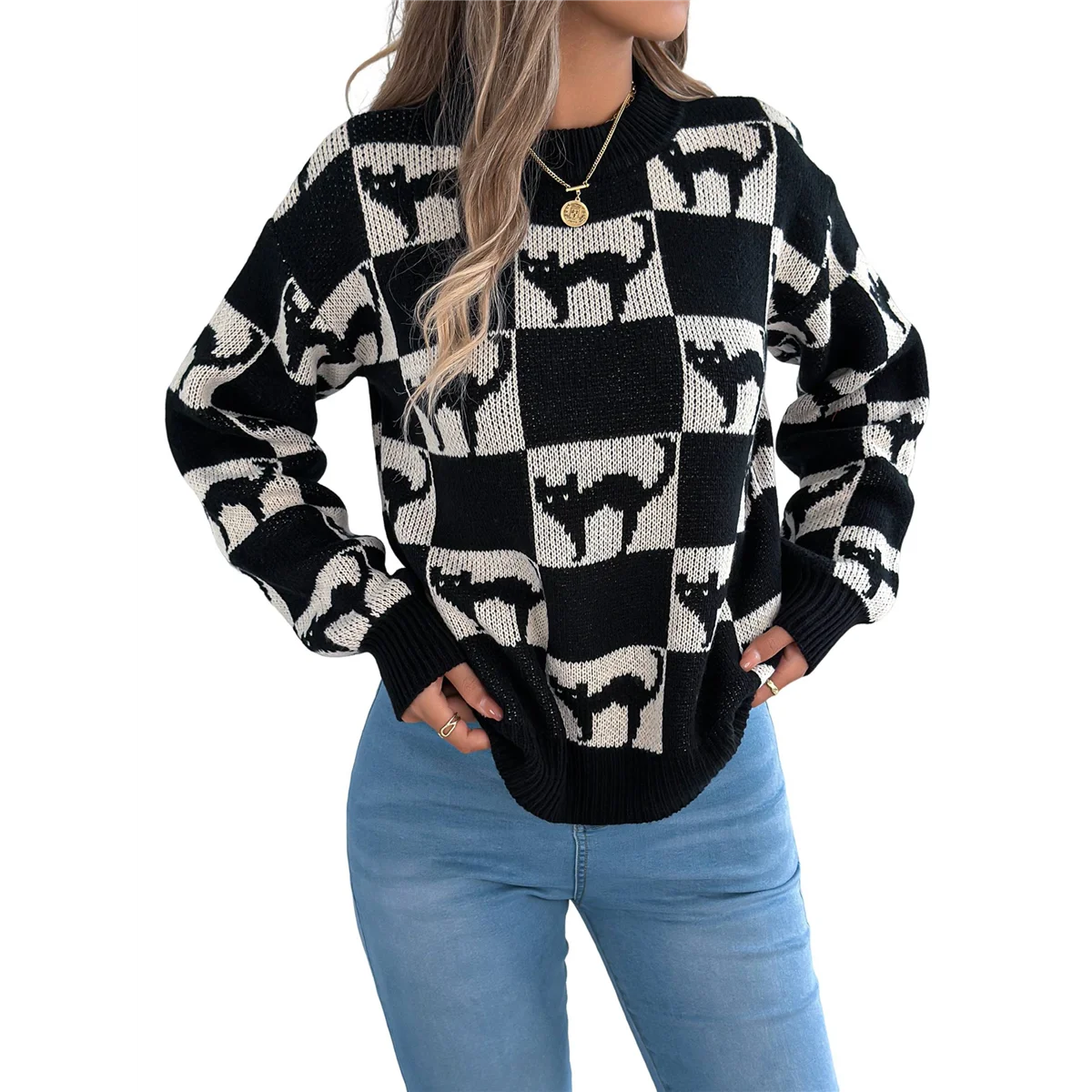 

A11I Women'S Round Neck Long Sleeve Sweater Loose Knitted Autumn and Winter Trend Fashion Casual Pullover Tops Black L