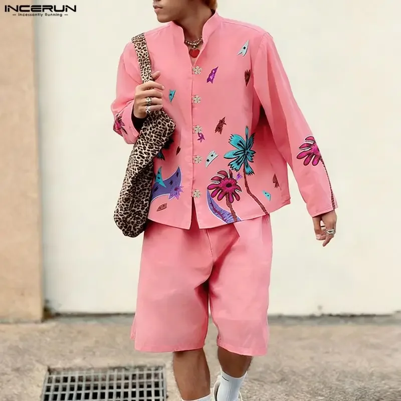 Мужской комплект INCERUN: рубашка с воротником-стойкой и шорты с принтом, две части, уличный стиль, для отпуска, мода 2025 года, мужские костюмы