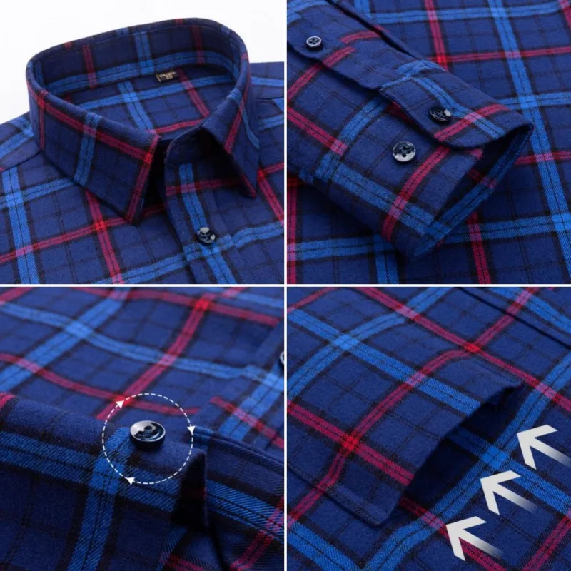 Men Fashion Brushed Flannel Plaid 100% Pure Cotton Long Sleeve Shirts Single Patch Pocket Comfortable Standard-fit Shirt S-6XL