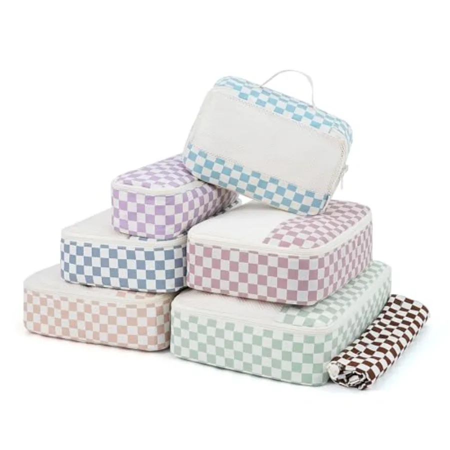 

7 Set Checkered Packing Cubes for Travel Women Durable Organizer Bags in Combined Checkerboard Color for Carry On Suitcase Lugg