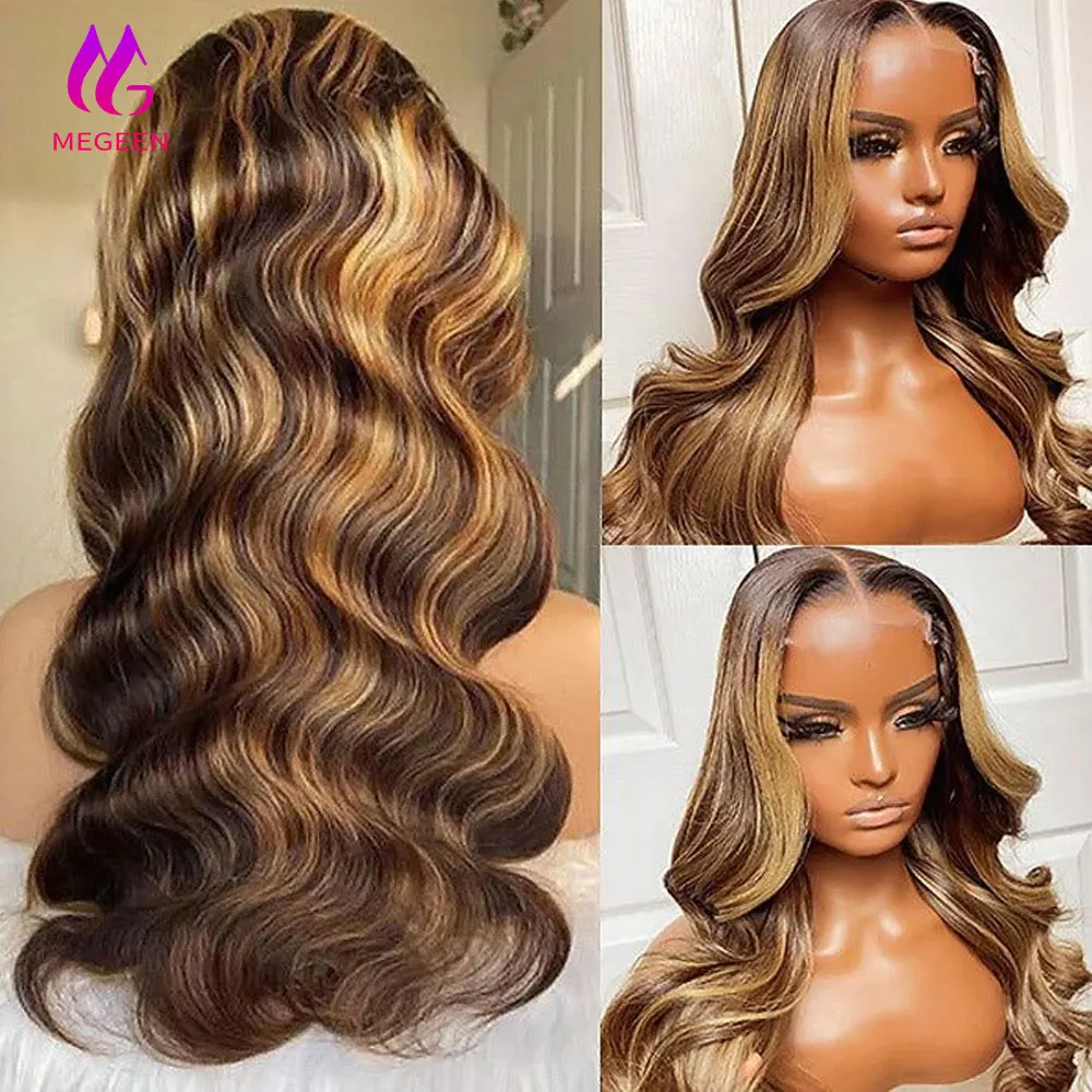 

Megeen Body Wave P4/27 Colored 100% Human Hair Wigs Highlight 13X4 Transparent Lace Front Wig Pre Plucked Honey Blonde Ombre Wig