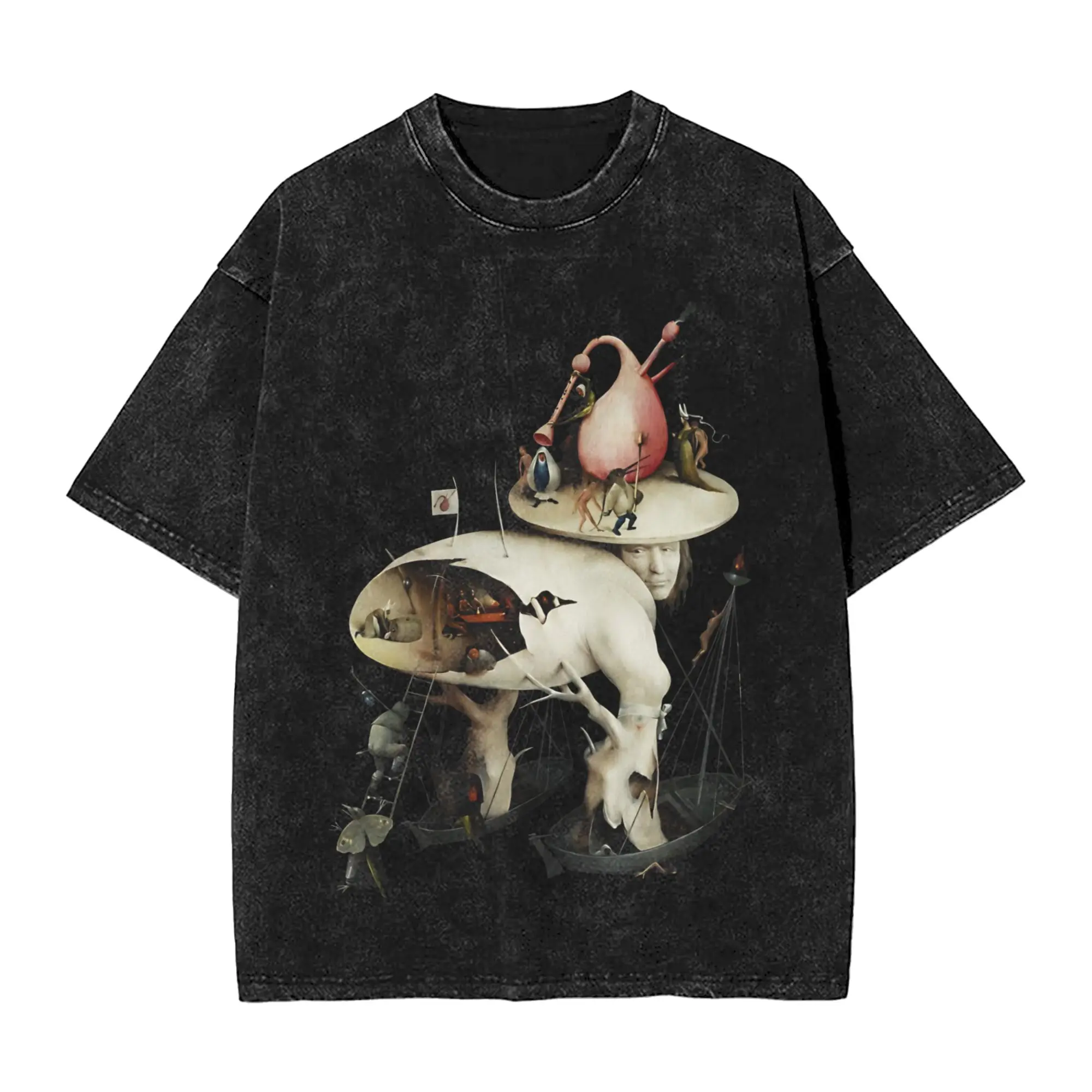 Hieronymus Bosch - The Garden of Earthly Delights Washed T Shirt Streetwear Hip Hop Vintage T-Shirts  Tee Shirt Men Women