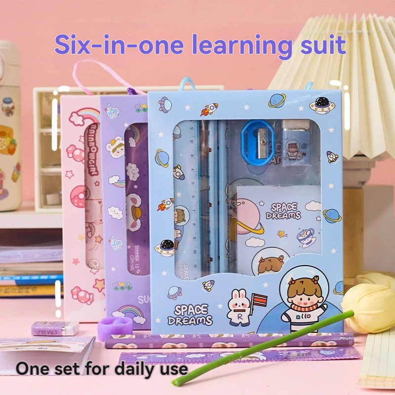 

Новый набор канцелярских принадлежностей с героями мультфильмов, включая карандаш, тетрадь, линейка, ластик, точилка для карандашей, школьные принадлежности, канцелярские принадлежности, подарки