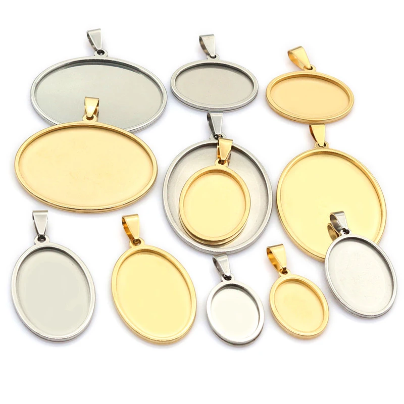5 sztuk ze stali nierdzewnej 18x25mm 30x40mm owalny rozmiar wewnętrzny wisiorek Cabochon baza Cameo puste ustawienie taca charms dla DIY biżuteria