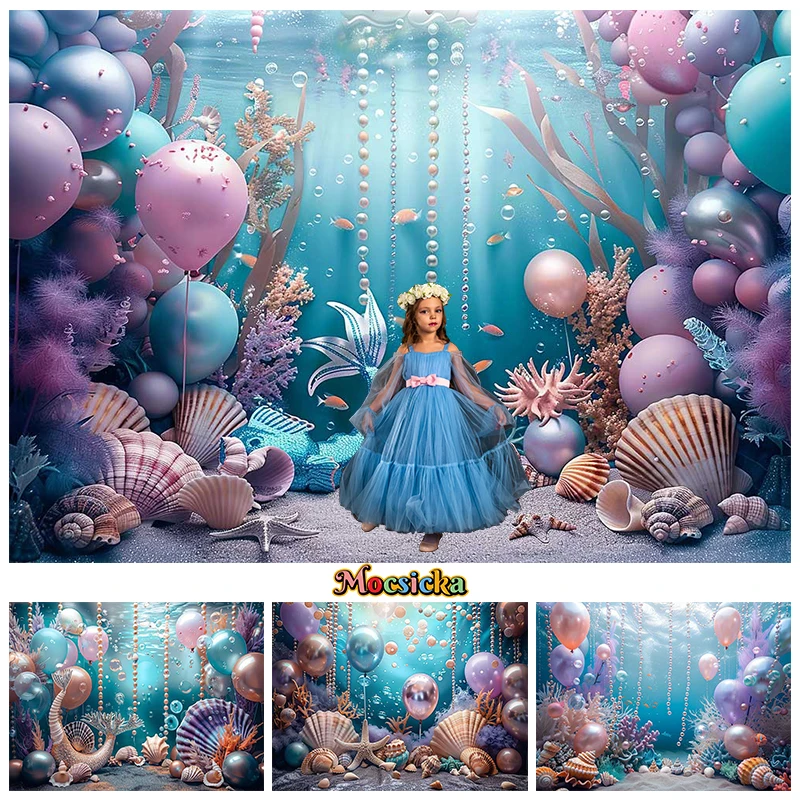 Mermaid Photography Backdrop Bluey Underwater World Purple Shell Starfish Balloon Birthday Decorations Background Photo Studio