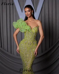 2024 Newest Dubai Beaded Celebrity Dresses With One Shoulder Green Elegant Long Evening Dresses For Weddings Cocktail Party Gown