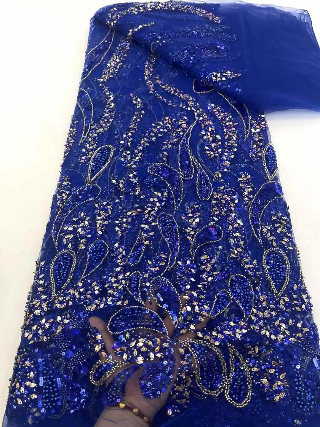 

French Beaded Sequins Lace Fabric 2025 High Quality 5 Yards Luxury African Lace Fabric Nigerian Wedding Dress for Women
