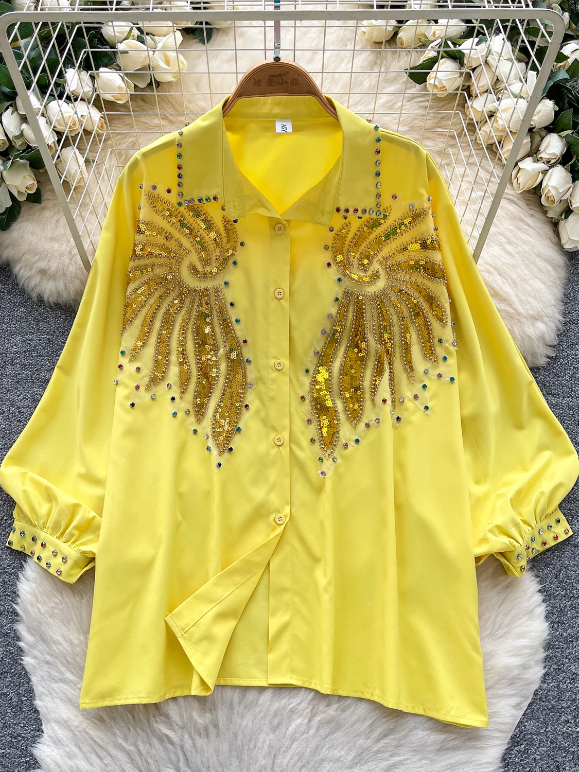 

2026 New Autumn Women Turndown Collar Lantern Sleeve Shirt Heavy Industry Sequin Diamonds Loose Causual Chic Shirt Tops