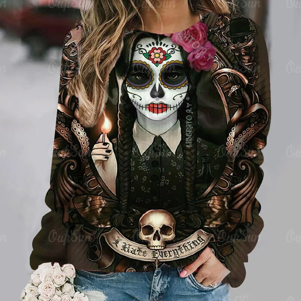 Vintage Skull Cotton T-shirt For Women Y2k Print Harajuku Long Sleeve Tops Autumn O Neck Oversized Sweater Female Casual Clothes