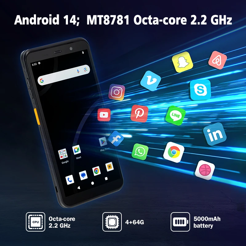 Escáner de código de barras Android 14 PDA móvil con mango 4G WIFI5 Bluetooth 4 + 64 GB Terminal de recolección de datos logística de almacén