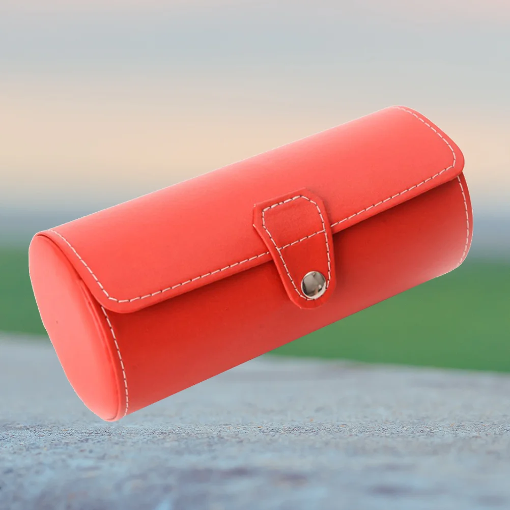 صندوق تخزين حلقة الساعة، تصميم أسطواني متين باللون الأحمر، منظم سطح المكتب لساعات المجوهرات والأقلام وإكسسوارات ديكور الطاولة