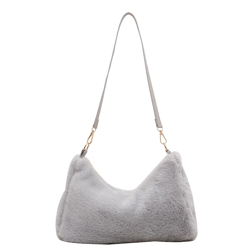 Winter Fashion Women Soft Plush Shoulder Bags Faux Furry Ladies Small Tote Purse Handbags Solid Color Female Girls Underarm Bag