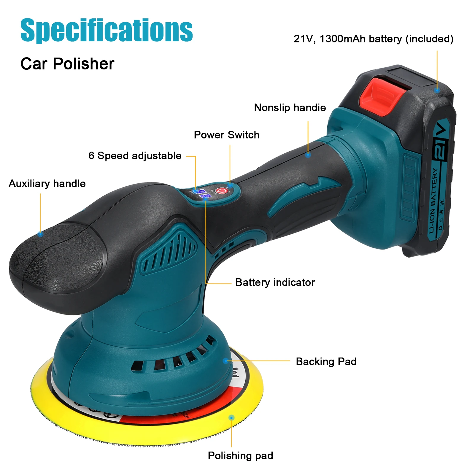 21V Cordless Car Polisher 6 Gears of Speeds Adjustable Electric Auto Polishing Machine Home Cleaning Metal Waxing Wood Sanding