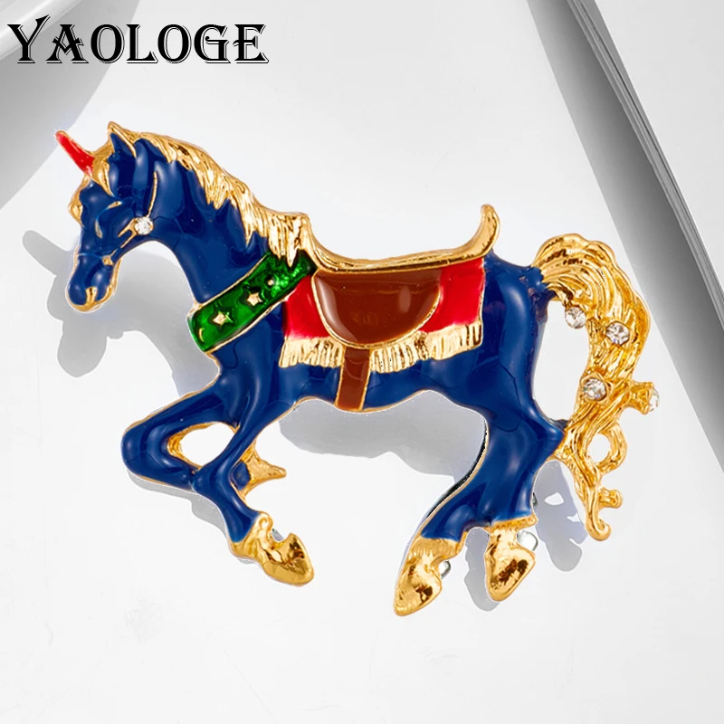 YAOLOGE Blue Black Enamel Horse Brooches For Women Men Trends Alloy Steed Animal Brooch Pins Office Casual Jewelry Gifts брошь