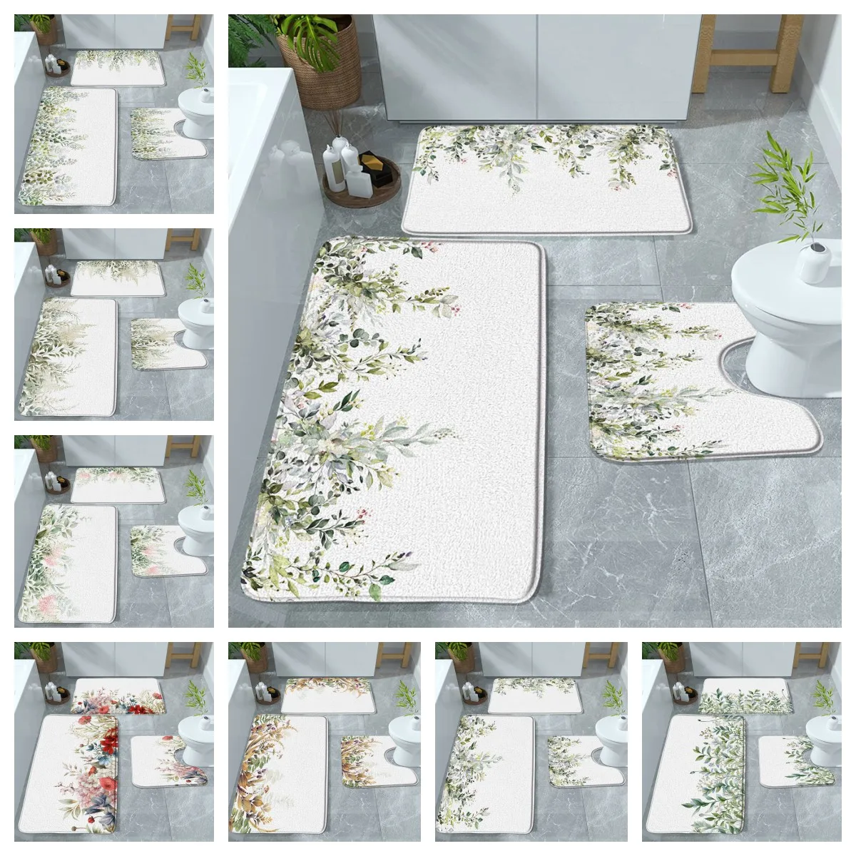 Spring Eucalyptus Leaves Bath Mat Watercolor Vine Plant Green Sage Leaf Botanical Bathroom Rugs Bathtub Flannel Carpet 3pcs/Set