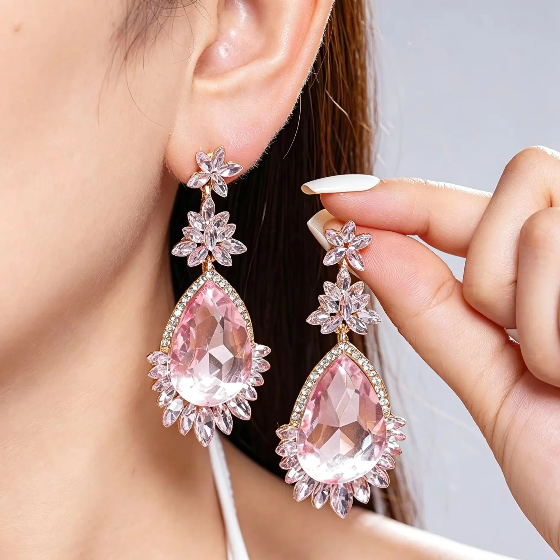 DOO MEI Multi‑color Teardrop Crystal Floral Dangle Earrings for  Rhinestone Drop Earrings Bridal Wedding Prom Party Jewelry