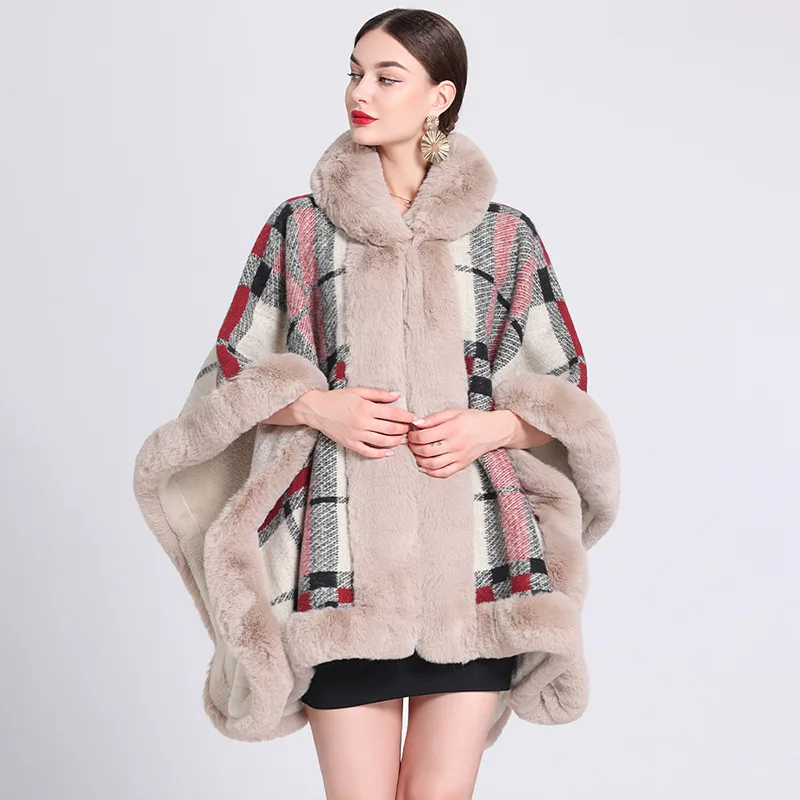 Women Winter Thick Warm Plaid Fur Collar Loose Ponchos Coat Imitation Rabbit Cardigan Poncho Female Loose Cosplay Overcoats