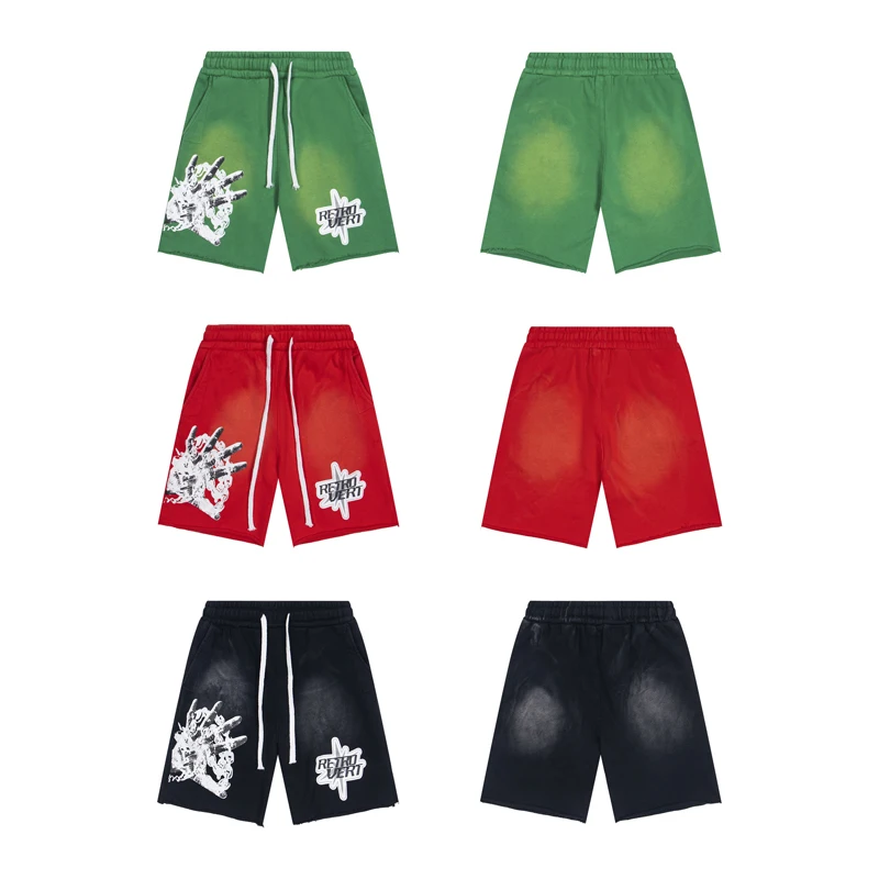 High Quality RETROVERT Shorts Men's Fashion Streetwear Green Wash Old Retro Print Logo Casual Short Pants