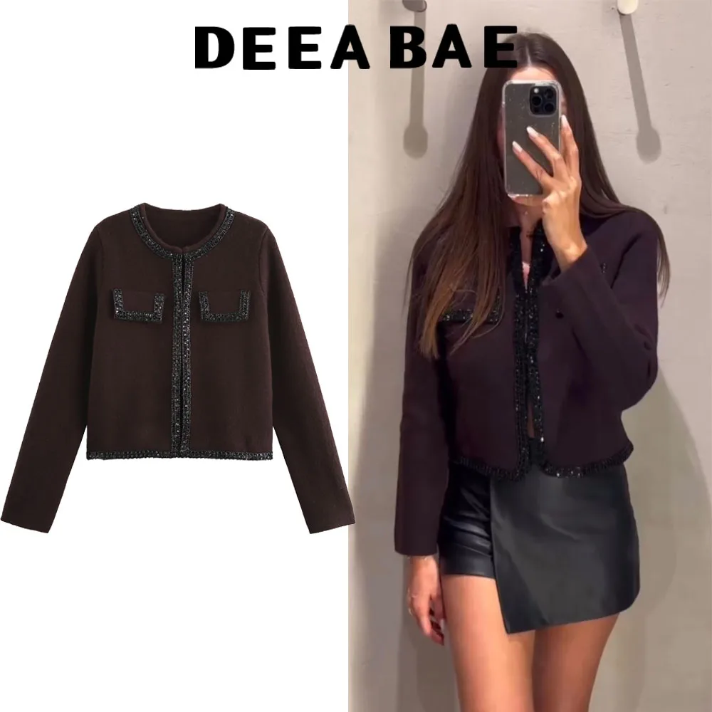 DEEABAE Spring Women's Clothing Fashion Jackets Chanei Style Outerwears Beaded Round NeckLong Sleeve Knitwear Cardigan