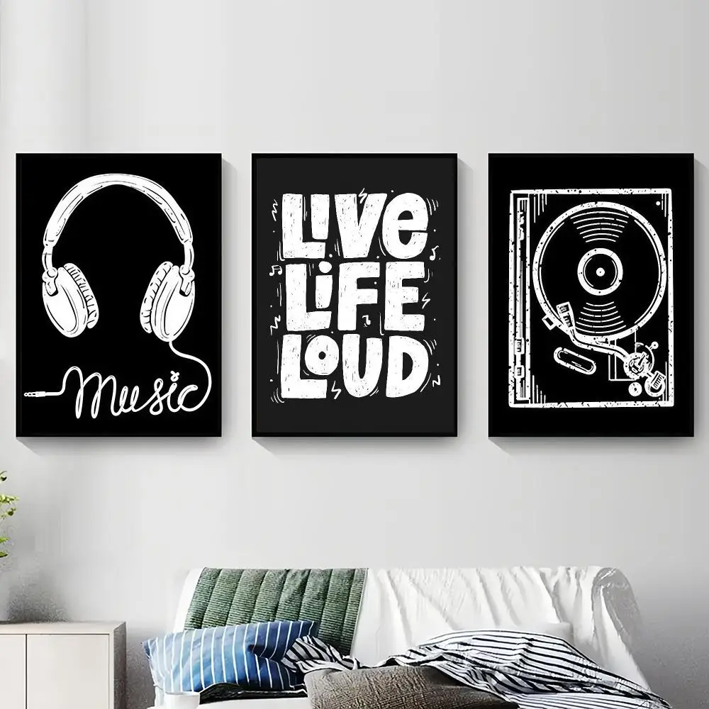 Live Life Loud Quote Canvas Wall Art Headphones Vinyl Records Creative Music Art Poster Home Bedroom Room Decor