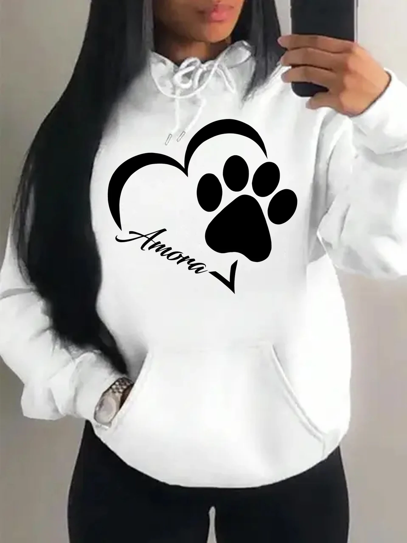 Love And Little Cat Foot Creative Print Women Hoody Fashion Autumn Sweatshirt Pocket Hoodie Sport Style Comfortable Pullover