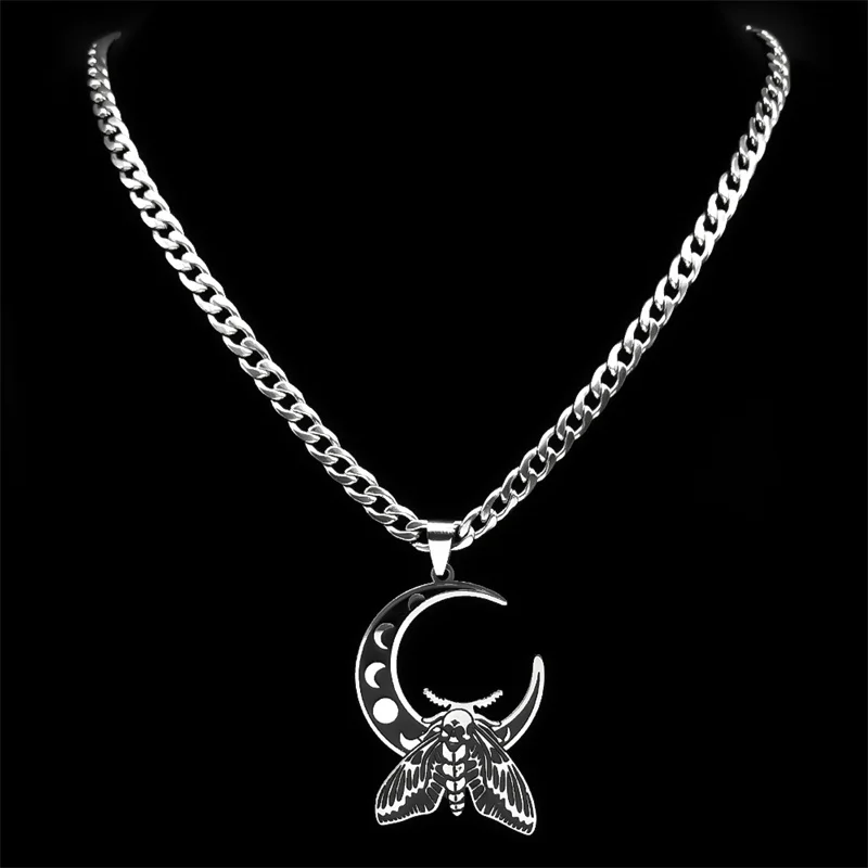 Wicca Crescent Moon Phase Moth Pendant Necklace for Men Women Gothic Insect Stainless Steel Vintage Necklaces Jewelry N9624