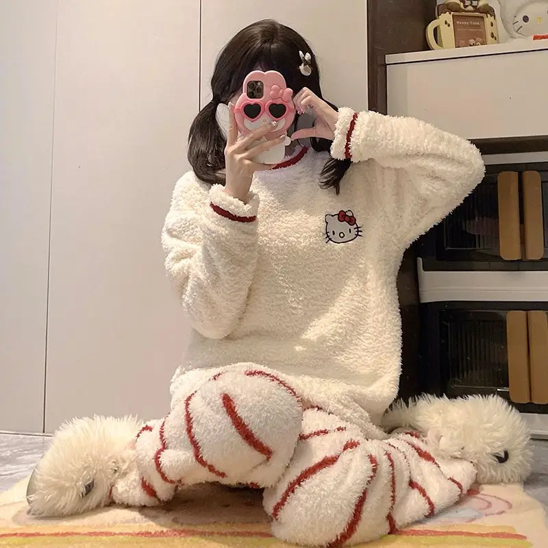 لطيف عارضة مريحة الكرتون HelloKitty نصف المخملية منامة للفتيات الخريف والشتاء سميكة المرجان المخملية الدافئة ملابس المنزل مجموعة #4