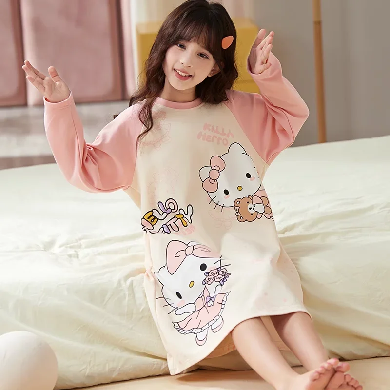 Spring and Autumn Long Sleeve Pure Cotton Children's Nightgown Pajamas for Children Girls Sleepwear Robe Clothing Mother Kids