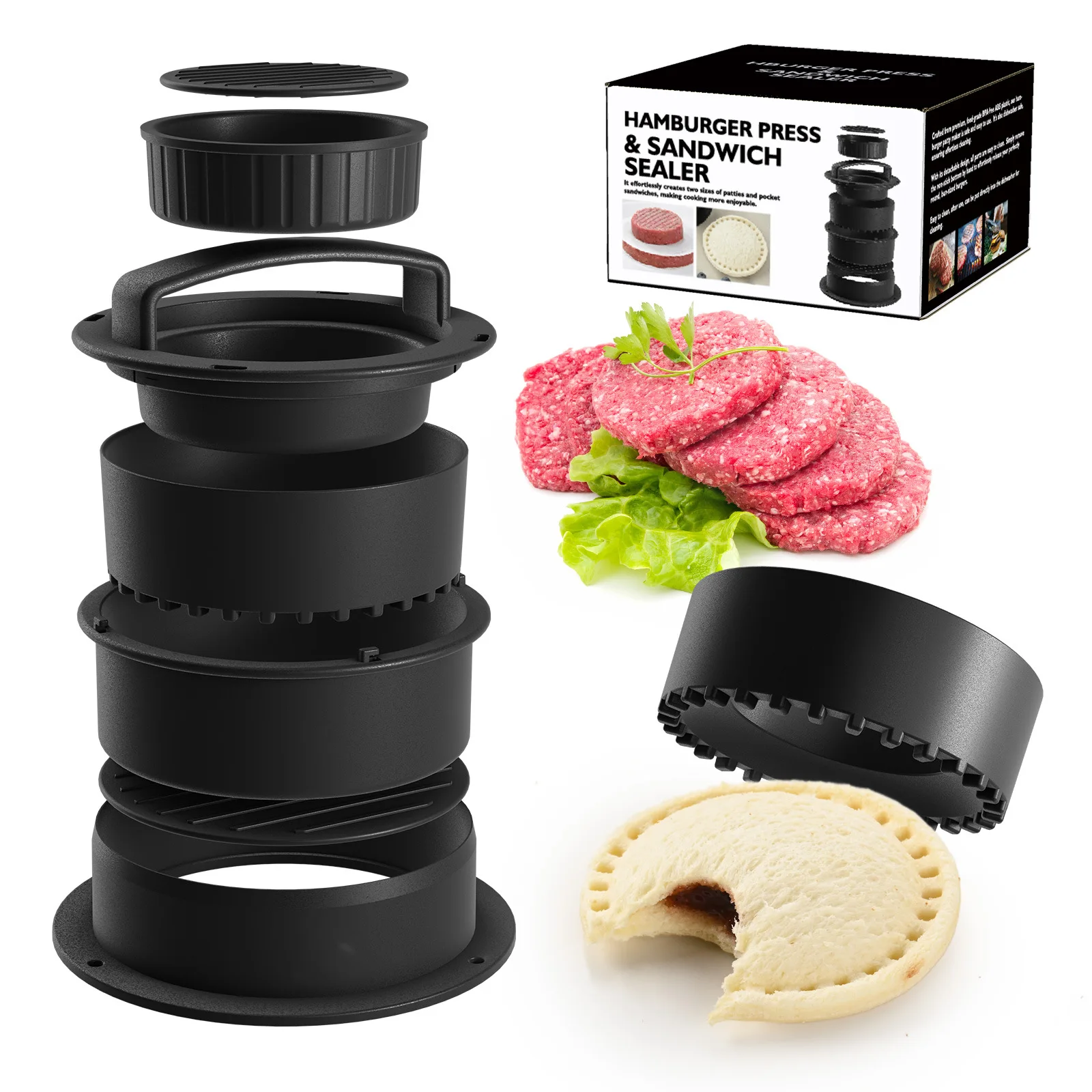 

ABS hamburger meat compactor,sandwich cutting,4 in 1 meat press+sandwich press kitchen tool,manual meat patty pressing mold