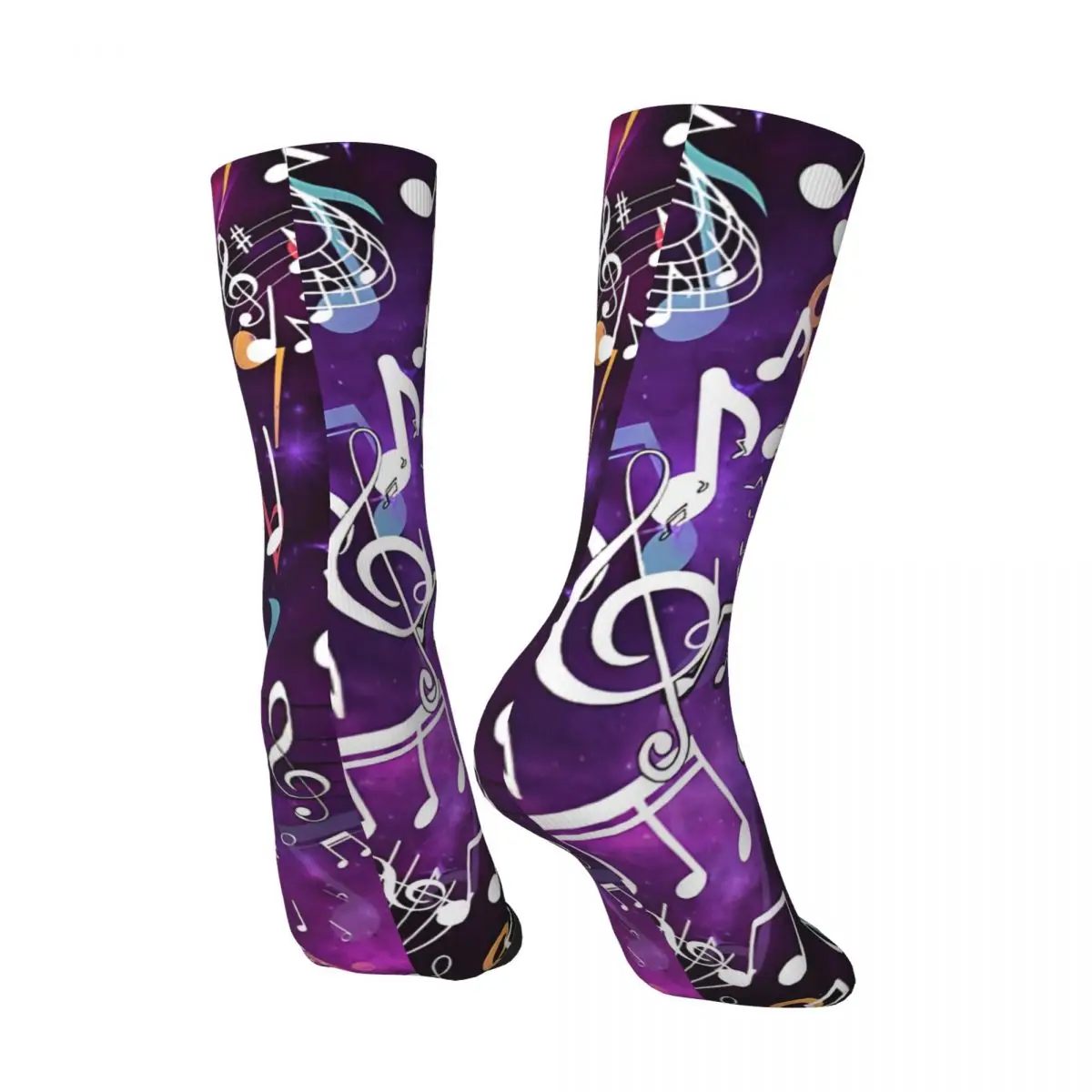 Funny Crazy Sock for Men Purple Glow Music Notes Hip Hop Harajuku Music Note Happy Pattern Printed Boys Crew Sock Novelty Gift