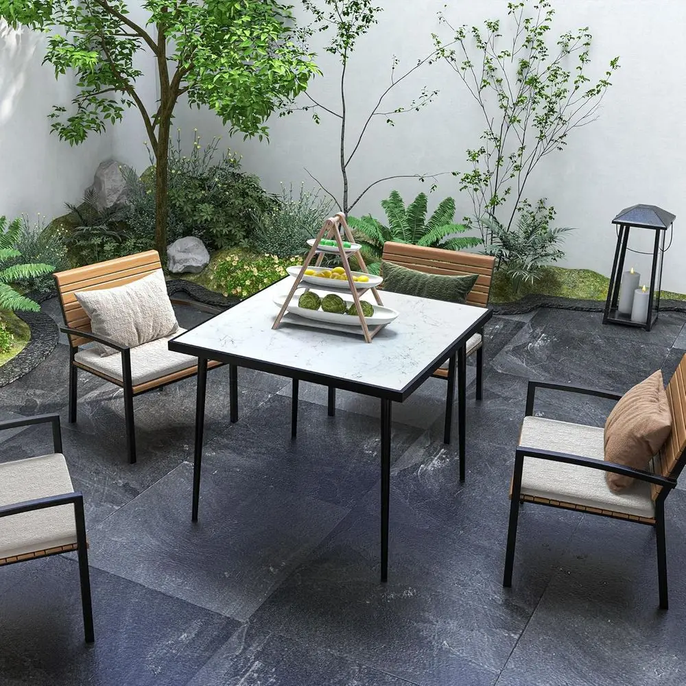 

White 35.4 Square Outdoor Dining Table with Marble Effect Tempered Glass Top for Patio, Balcony, Garden, Yard
