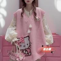 Kawaii Hello Kitty V-Neck Knitting Vest Sanrio Anime Korean Version Preppy Autumn Spring Girls Sweater Student Trend Sweet Loose