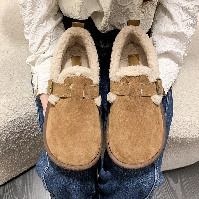 Shallow Mouth Casual Woman Shoe Female Footwear Round Toe Loafers Fur All-Match Autumn Dress New Moccasin Fall Winter Rubber PU