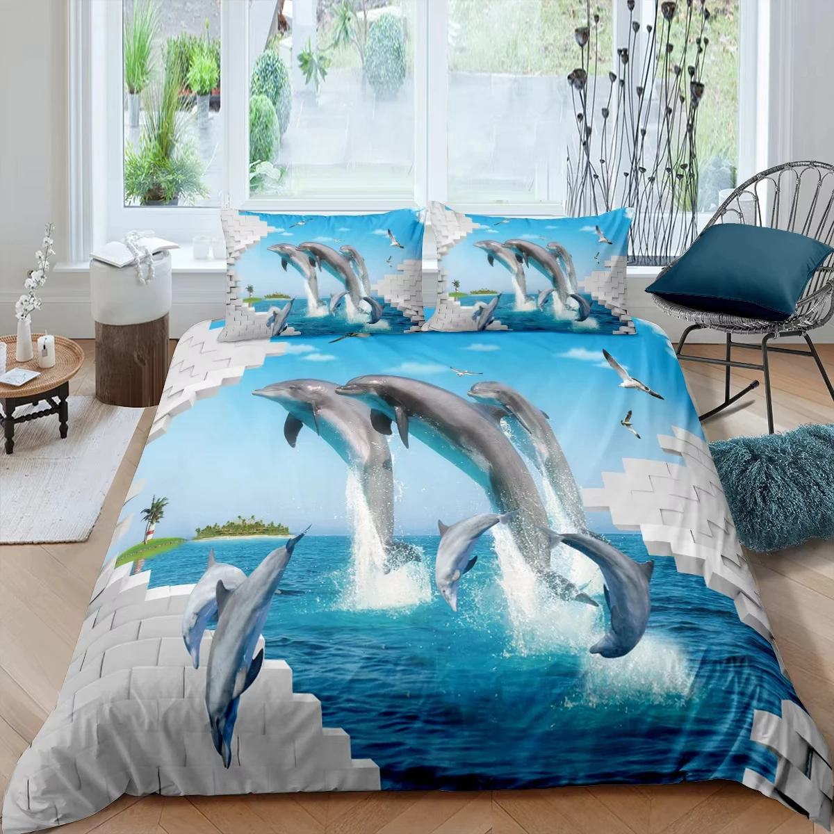 Cute Dolphin Twin Queen Duvet Cover Set Cartoon Dolphin Bedding Set Ocean Animal Comforter Cover Mediterranean Style Quilt Cover
