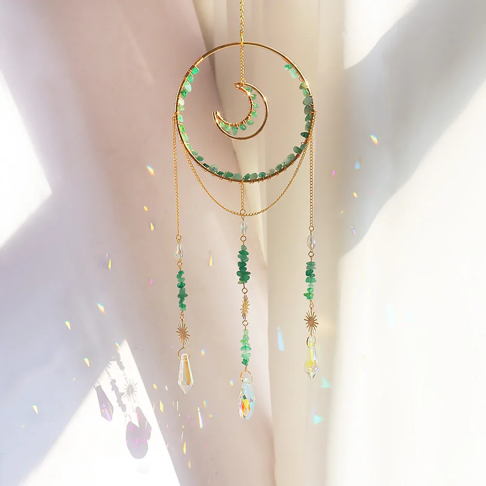 Custom Gold Ring Moon Shape Green Aventurine Crystal Chip Sun Catcher - Glass Pendants Hanging Ornament for Window Decor