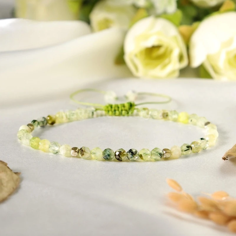 Green Faceted Prehnite Bracelet, Natural Heart Chakra Healing Gemstone Jewelry