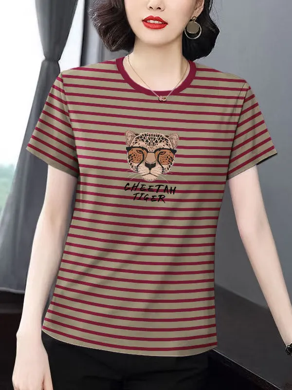

Loose Striped Short Sleeve T-Shirt Women's Summer Fashion Young Mom Half Sleeve Top Large Size Middle-Aged Loose Shirt