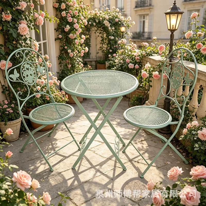 Garden foldable table and chair three-piece French retro wrought iron small coffee table balcony leisure outdoor table and chair