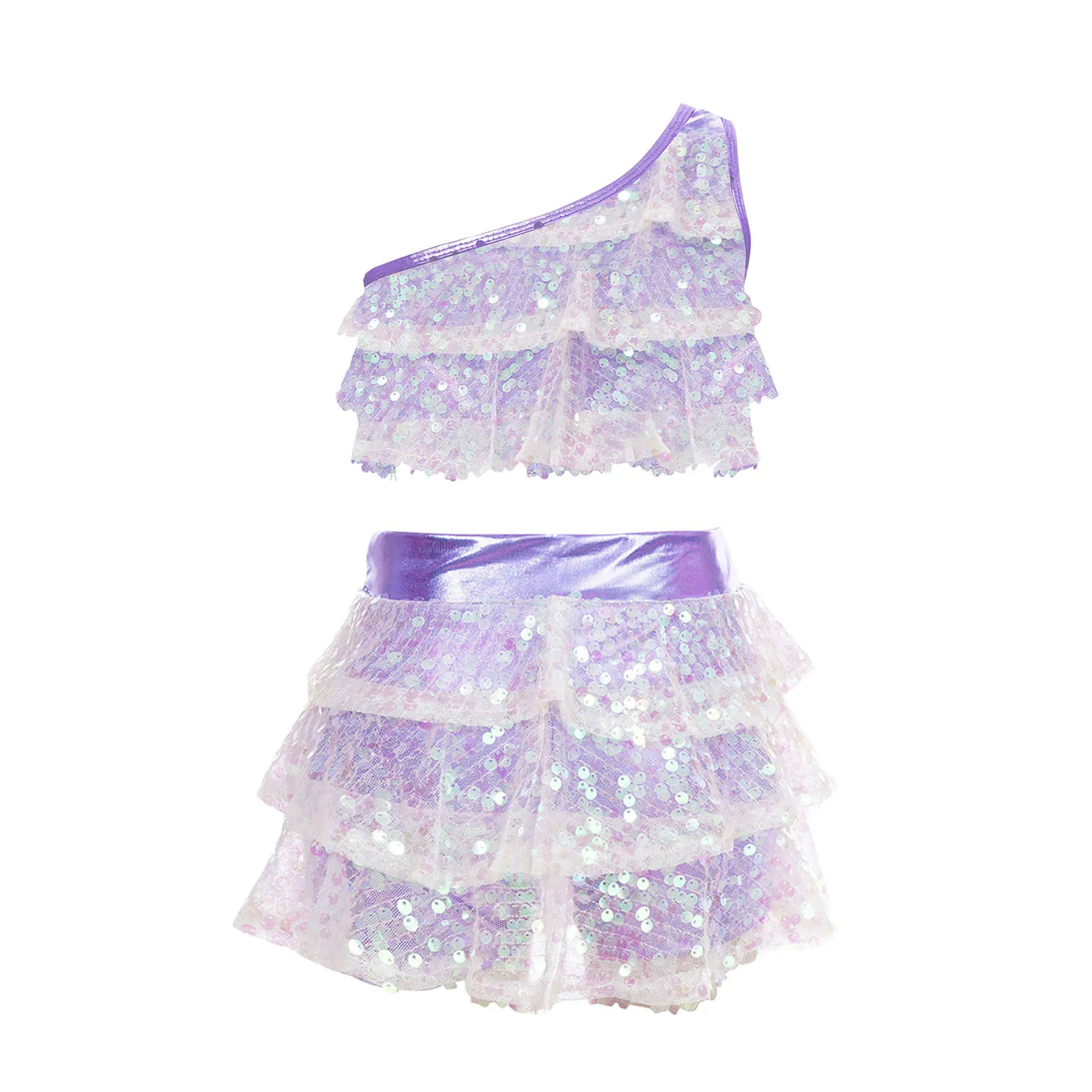 Traje de baile de Jazz para niñas, conjunto de Ropa de baile con lentejuelas brillantes, Top corto metálico con falda corta, trajes de fiesta para niños, 2 piezas