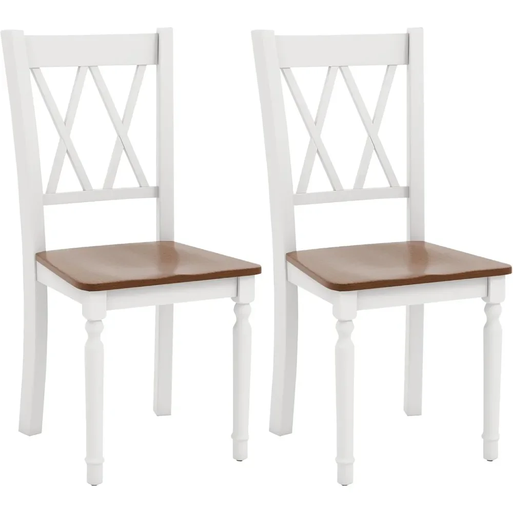 Dining Room Chairs Set of 2 White, Wooden Farmhouse Kitchen Chairs with Rubber Wood Seat, Acacia Wood Legs, Max Load 360 Lbs