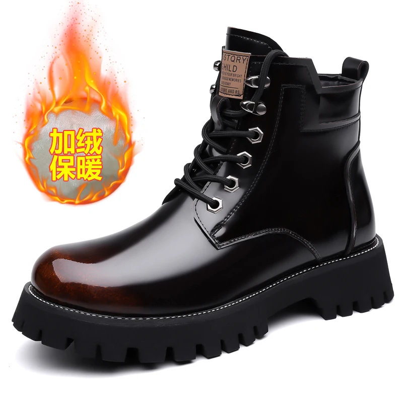 

Fashion Shiny Genuine Leather Men's Boots Winter Platform Ankle Boots Men High-top Motorcycle Boots Fashion Flat Designer Shoes