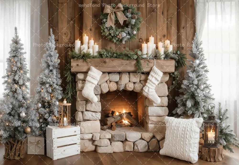 Mehofond Christmas Warm Wooden House Fireplace Photography Background Shelves Christmas Tree Pillows Kids Family Photo Studio