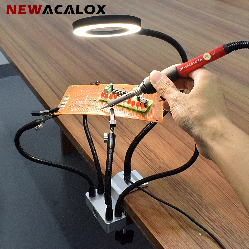 NEWACALOX Clip de escritorio herramienta de soporte de PCB de soldadura con lupa LED 3X 5 uds brazos de ayuda taller de soldadura reparación de estación de ayuda