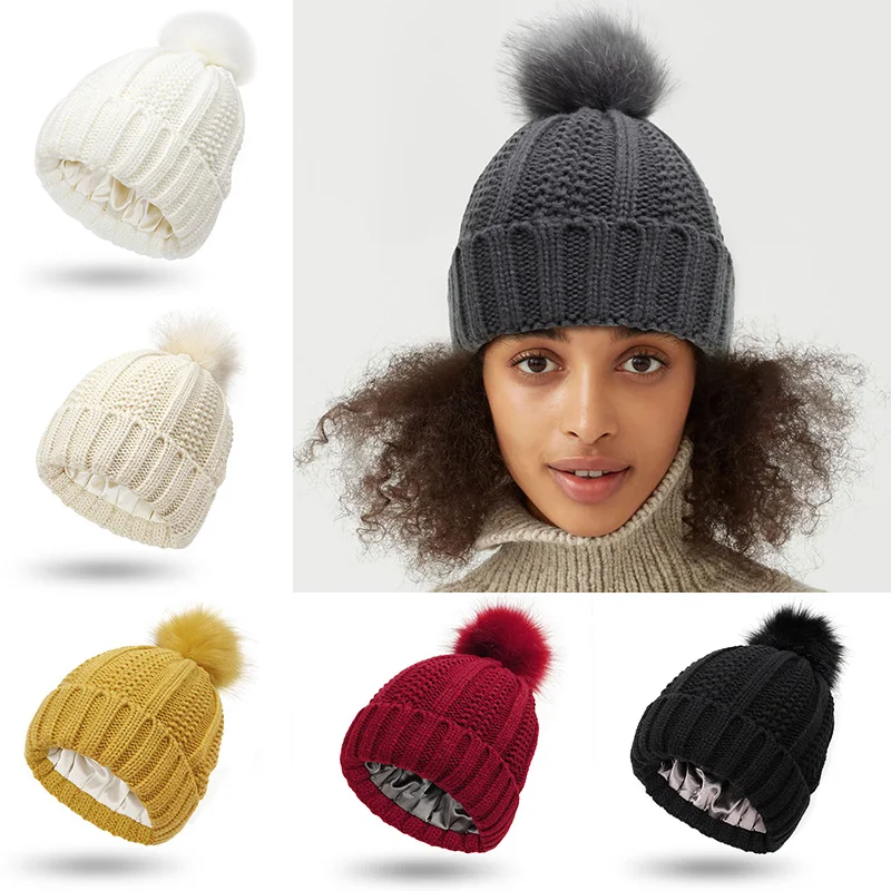 Loose Beanies Knitted Hat for Women Outdoor Cycling Hiking Winter Warm Knit Cap Protective Hairstyle Silky Stretch Satin Lining