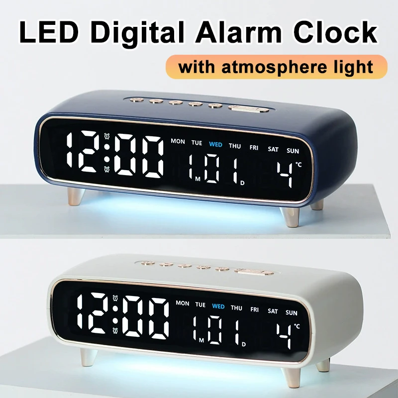 LED Digital Alarm Clock with Atmosphere Light,Temperature Date Week Display Electronic Desk Clock for Bedroom Office Living Room