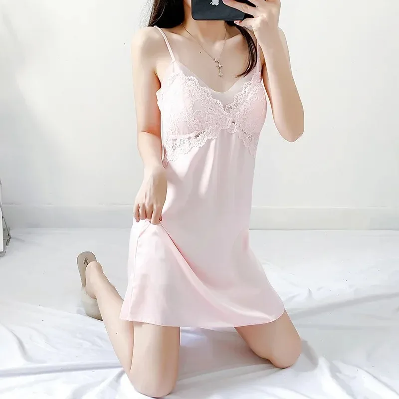 Sweet Youthful Lace Trim Chemise Nightgown Silken Home Wear Two Piece Set Ice Silk Smooth Pure Desire Style V Neck Sleepwear